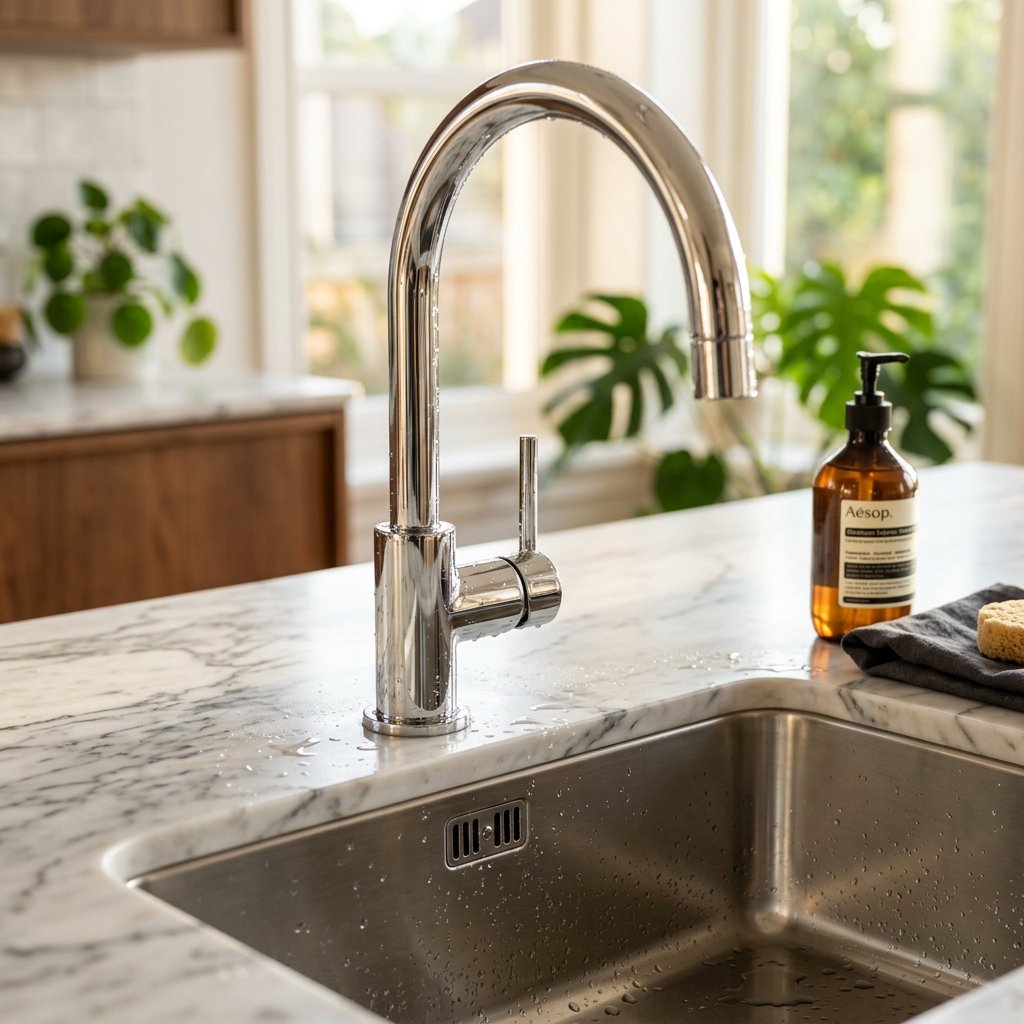 Close up of a sparkling clean sink, chrome faucet reflecting warm light