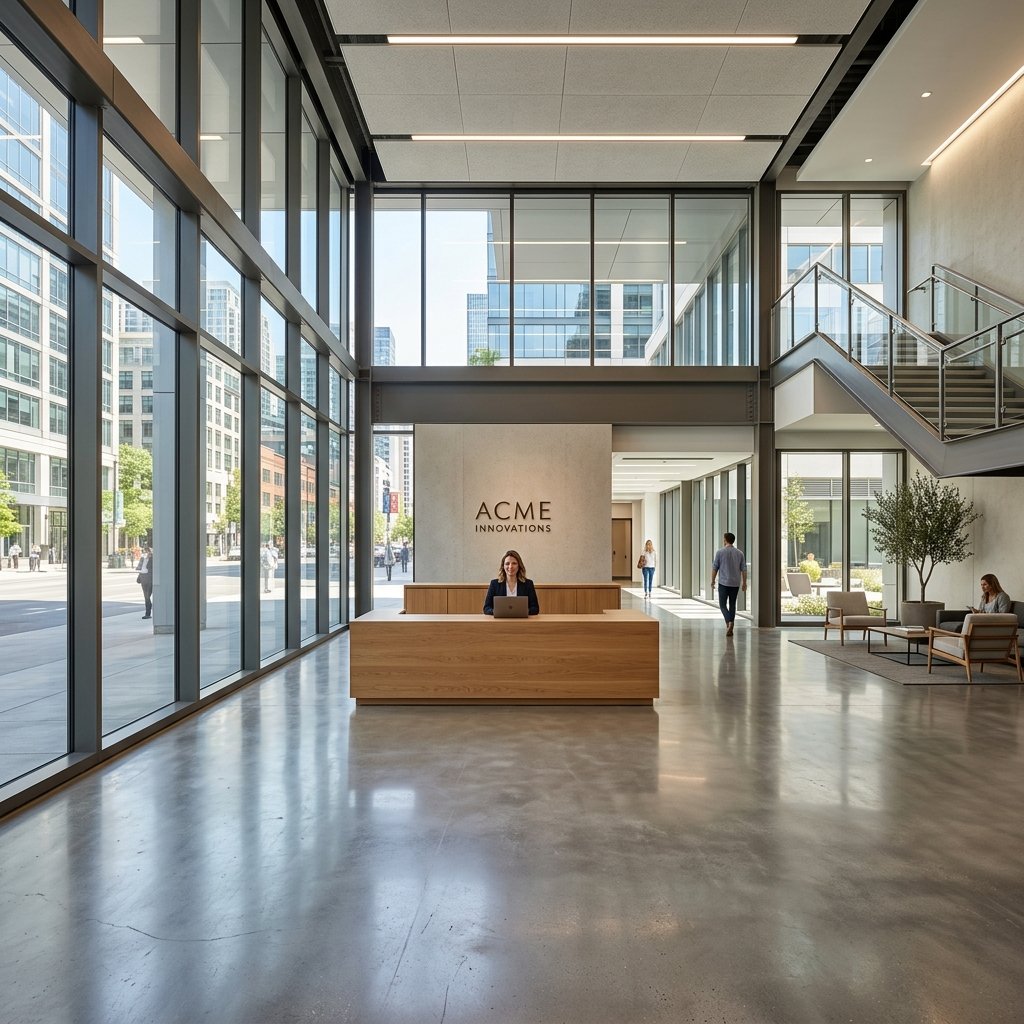 A clean modern commercial office lobby, large glass windows