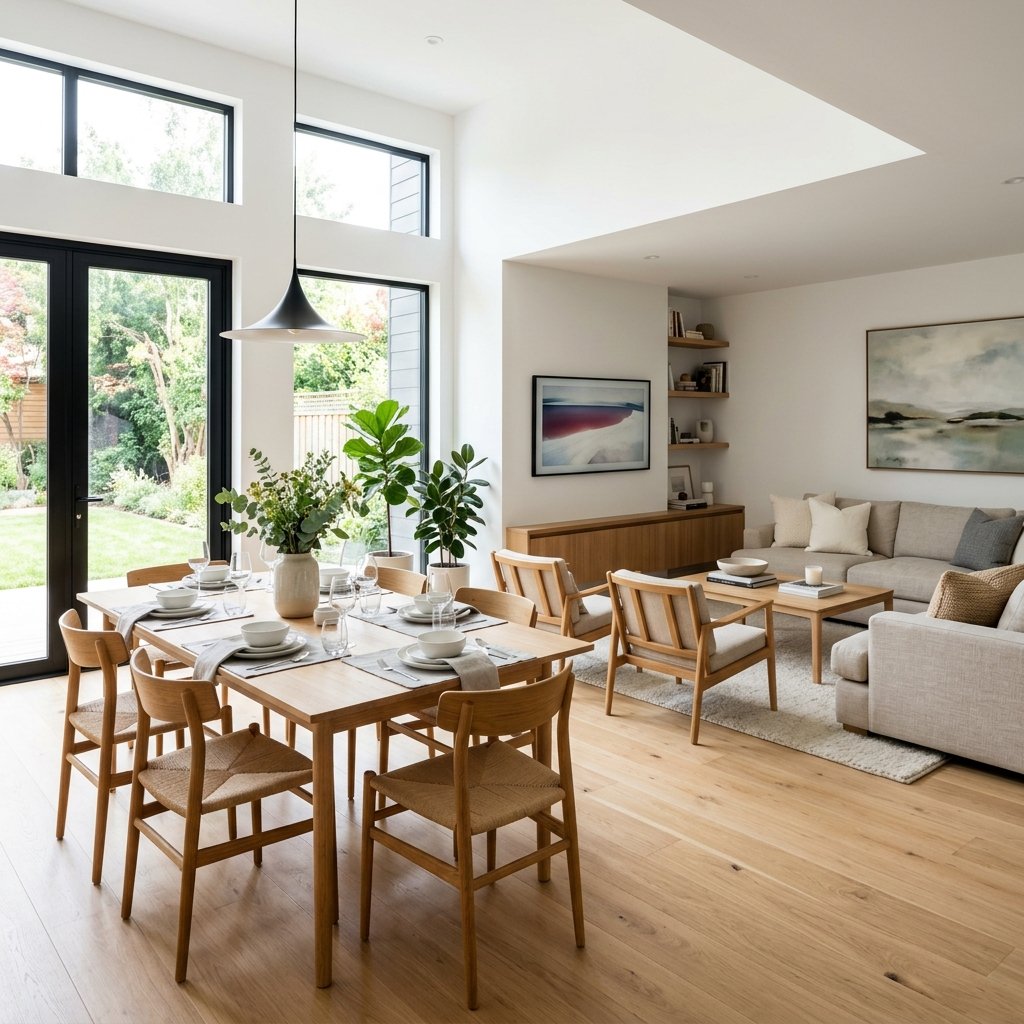 A staged modern dining room and living room, ready for sale